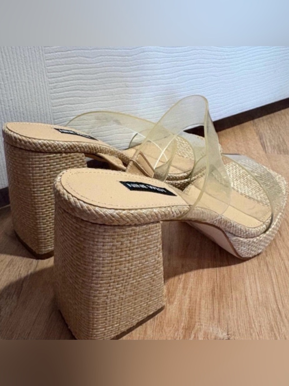 Nine West Clear Double-Strap Raffia Platform Sandals - Beige - Picture 3 of 3